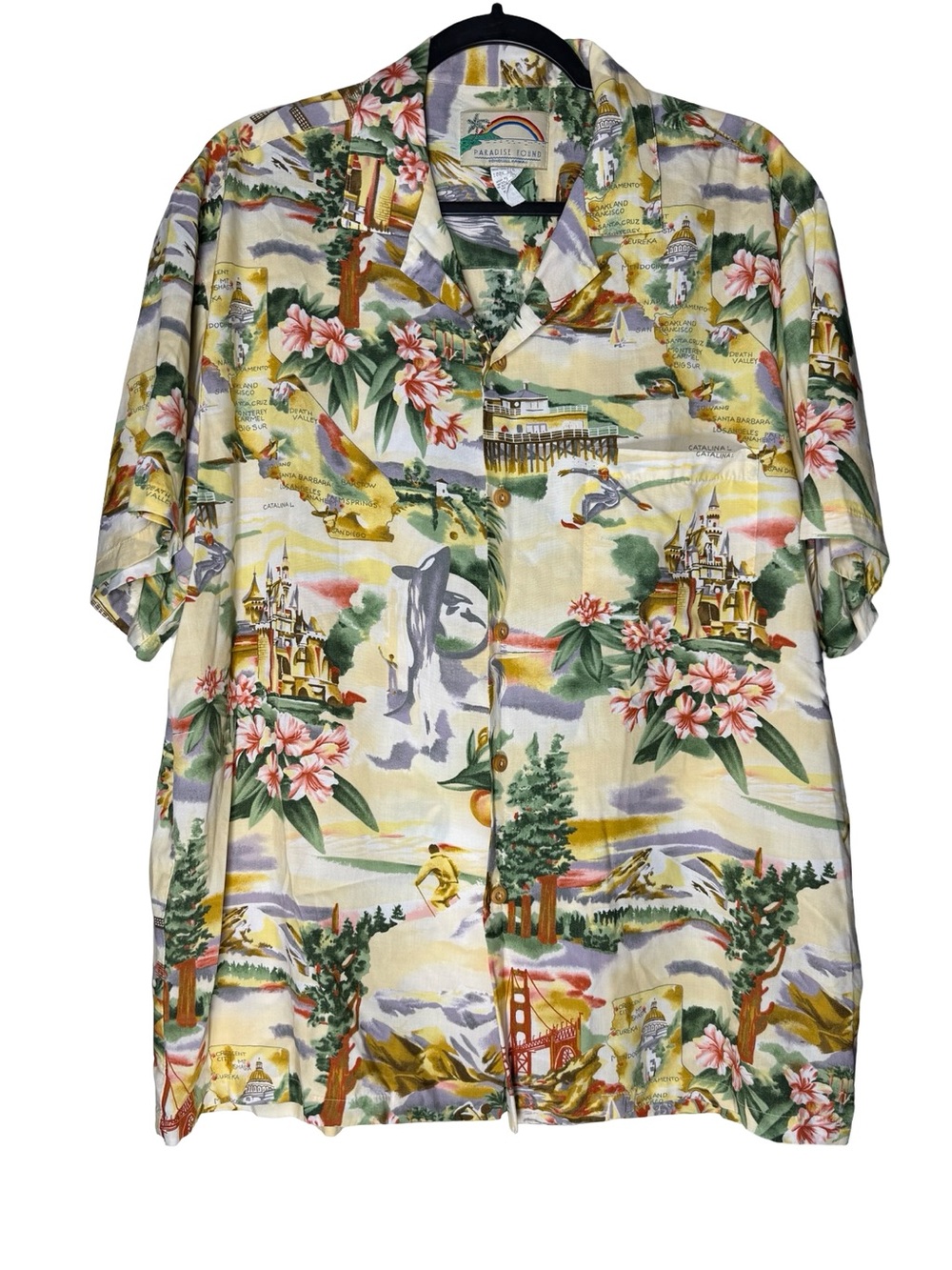 Paradise Found Hawaiian Button Shirt Large Tropical Floral California Scenic